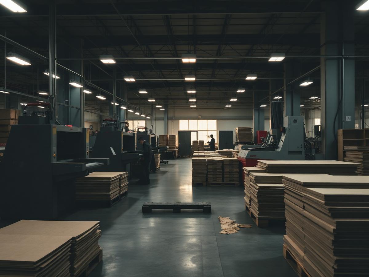 Box manufacturing production floor with printing and die-cutting machines